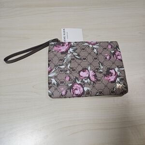 NWT ANNE KLEIN Ring Logo Wristlet Pouch Rose Pattern Brown AKW1342 9" x 7"